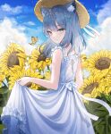  1girl alternate_costume animal_ear_fluff animal_ears bangs bare_arms bare_shoulders blue_archive blue_butterfly blue_eyes blue_hair blue_sky blush bug butterfly cat_ears closed_mouth clothes_lift clouds cloudy_sky day dress dress_lift eyebrows_visible_through_hair field flower flower_field frilled_dress frills from_side hair_between_eyes hair_ornament hairclip hat highres long_hair looking_at_viewer looking_back outdoors ribbon shiroko_(blue_archive) skirt_hold sky sleeveless sleeveless_dress smile solo standing straw_hat sundress sunflower tail tikakaa white_dress x_hair_ornament yellow_flower 