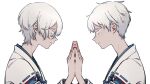  2boys blue_eyes blue_menouu copyright_request hands_up highres long_sleeves multiple_boys profile ribbon_trim short_hair simple_background upper_body white_background white_hair 
