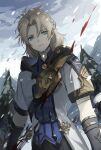  1boy albedo_(genshin_impact) bangs blonde_hair blood blue_eyes clouds elbow_gloves genshin_impact gloves grey_gloves highres jacket looking_at_viewer male_focus mountain outdoors parted_bangs pine_tree rosa_(hoshino) short_hair sky snow snowing solo standing tree upper_body white_jacket 