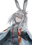  1girl absurdres animal_ear_fluff animal_ears arknights bangs black_gloves closed_mouth dress e-bushi frostnova_(arknights) gloves grey_dress grey_eyes grey_hair hair_ornament hair_over_one_eye hairclip highres jacket looking_at_viewer open_clothes open_jacket outstretched_arm simple_background solo white_background white_jacket 