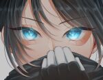  1girl apex_legends bangs black_gloves black_hair black_scarf blue_eyes chii_(uuu_o0_) covered_mouth eyebrows_visible_through_hair gloves grey_background looking_at_viewer portrait scarf solo wraith_(apex_legends) 