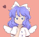  1girl :| angel_wings bangs bow breasts buttons closed_mouth commentary dress face feathered_wings frilled_sleeves frills hair_bow hand_on_own_chin heart highres keb00b light_blue_eyes light_blue_hair looking_at_viewer mai_(touhou) medium_hair pink_background puffy_short_sleeves puffy_sleeves short_sleeves simple_background small_breasts touhou touhou_(pc-98) upper_body white_bow white_dress white_wings wings 