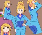  1girl absurdres bags_under_eyes bangs bbycheese blonde_hair blue_eyes blue_pajamas brown_background closed_eyes hand_on_hip highres long_hair long_sleeves looking_at_viewer messy_hair metroid multiple_views no_nose pajamas profile samus_aran simple_background 