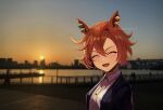  1girl ^_^ animal_ears asymmetrical_bangs bangs black_jacket blurry blurry_background blush buttons closed_eyes collared_shirt ear_piercing facing_viewer horse_ears jacket open_mouth orange_hair people photo_background piercing qing_(sankakuosushi) shirt short_hair smile sunset t.m._opera_o_(umamusume) twitter_username umamusume upper_body watermark white_shirt 