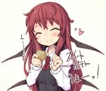  ascot ayase_yuuki_(mikan_mochi) bat_wings black_vest blush collared_shirt cupcake eating eyebrows_visible_through_hair facing_viewer food food_on_face hair_between_eyes head_wings heart juliet_sleeves koakuma long_hair long_sleeves low_wings puffy_sleeves red_ascot redhead shirt simple_background smile touhou vest white_background white_shirt wings 