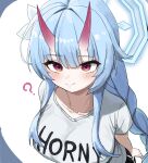  1girl ? absurdres blue_archive blue_hair blush breasts chise_(blue_archive) closed_mouth clothes_writing collarbone eyebrows_visible_through_hair halo highres horns large_breasts long_braid long_hair oni_horns red_eyes shirt short_sleeves smile solo white_shirt yanggaengwang 