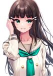  1girl bangs black_hair blunt_bangs buttons deadnooodles eyebrows_visible_through_hair green_eyes green_neckerchief hair_ornament hairclip hand_up highres kurosawa_dia long_hair long_sleeves looking_at_viewer love_live! love_live!_sunshine!! mole mole_under_mouth neckerchief parted_lips sailor_collar school_uniform serafuku simple_background solo upper_body uranohoshi_school_uniform white_background 