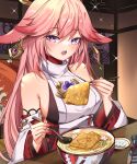  1girl absurdres animal_ears bangs bare_shoulders blush bottle bowl breasts chopsticks earrings eating eyebrows_behind_hair eyebrows_visible_through_hair food fox_ears fox_girl genshin_impact hair_between_eyes highres holding holding_chopsticks holding_spoon indoors japanese_clothes jewelry kimono long_hair looking_at_viewer miko noodles open_mouth pink_hair plate rudang sake_bottle solo spoon tofu violet_eyes yae_miko 