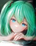  1girl bangs blue_eyes blurry bow face green_hair hair_between_eyes hair_bow hair_ribbon hatsune_miku head_tilt highres looking_at_viewer nail_polish ojay_tkym ribbon signature smile solo symbol-only_commentary twintails vocaloid 