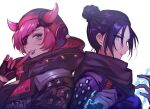  2girls absurdres apex_legends back-to-back bangs black_gloves black_hair black_jacket cyber_punked_wattson electricity eyebrows_visible_through_hair eyepatch eyeshadow from_side gloves hair_behind_ear hair_bun highres holding holding_knife hood hooded_jacket horns jacket knife kunai looking_at_viewer makeup multiple_girls official_alternate_costume one_eye_covered parted_bangs pink_hair purple_eyeshadow purple_lips unkcncnd wattson_(apex_legends) weapon wraith&#039;s_kunai wraith_(apex_legends) 