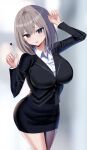  1girl @_@ absurdres bangs black_eyes black_skirt blurry blurry_background breasts collared_shirt eyebrows_visible_through_hair grey_hair hanasaka_houcha highres large_breasts long_sleeves looking_at_viewer office_lady original shirt short_hair skirt solo thighs white_shirt 