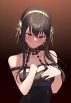  1girl absurdres bangs bare_shoulders black_hair breasts closed_mouth eyebrows_visible_through_hair gold_hairband gradient gradient_background hand_on_own_chest highres red_eyes rose_hair_ornament sidelocks solo spikes spy_x_family upper_body xiaoxiao_de_kuangsan yor_briar 