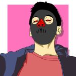  absurdres black_hair commentary_request copyright_request highres mask non-web_source original real_life red_eyes shirt solo translated 