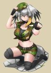  1girl absurdres bangs belt black_footwear black_gloves boots breasts brown_background camouflage camouflage_shirt camouflage_shorts cleavage_cutout clothing_cutout collarbone commentary fingerless_gloves frown full_body gloves grey_hair hair_between_eyes hat head_wings highres japari_symbol_print john_(a2556349) kemono_friends large_breasts midriff multicolored_hair navel pointing pointing_at_viewer shirt shoebill_(kemono_friends) short_shorts short_sleeves shorts simple_background single_sidelock solo tail thigh-highs thigh_boots two-tone_hair yellow_eyes zipper 