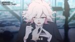  1boy 1other bangs black_jacket black_necktie blurry blurry_background blush collared_shirt commentary_request danganronpa_(series) danganronpa_2:_goodbye_despair eyebrows_visible_through_hair grey_eyes hair_between_eyes highres jacket komaeda_nagito long_sleeves looking_at_viewer medium_hair messy_hair necktie open_mouth san_tu_(shamrock) shirt solo translation_request upper_body white_shirt 