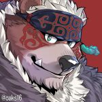  1boy ainu_clothes animal_ears animal_nose bear_boy bear_ears chest_tuft close-up commentary_request face facepaint furry furry_male green_eyes headband kimun_kamui male_focus okusu_(oaks16) red_background red_pupils short_hair solo tokyo_afterschool_summoners tusks twitter_username white_hair 