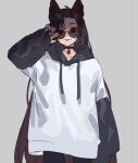  1girl :p alternate_costume animal_ears bad_id bad_twitter_id black_choker black_legwear brown_hair casual choker collarbone commentary contemporary cowboy_shot fingernails gem grey_background grey_hoodie hand_up hood hoodie imaizumi_kagerou long_hair long_sleeves looking_at_viewer marimo_tarou multicolored_clothes multicolored_hoodie nail_polish one-hour_drawing_challenge raised_eyebrow red_eyes red_gemstone red_nails sharp_fingernails simple_background solo thigh-highs tinted_eyewear tongue tongue_out touhou very_long_hair white_hoodie wolf_ears wolf_girl 