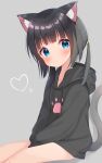  1girl animal_ear_fluff animal_ears bangs between_legs black_hair black_hoodie black_shirt blue_eyes blunt_bangs blush cat_ears cat_girl cat_tail grey_background hand_between_legs heart highres hood hoodie long_hair matchanear no_pants original shirt simple_background sitting solo tail twintails 