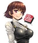  1girl amania_orz braid breasts brown_hair closed_mouth copyright_name crown_braid dated large_breasts looking_at_viewer niijima_makoto persona persona_5 short_hair shuujin_academy_uniform simple_background smile solo twitter_username violet_eyes white_background 