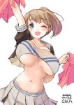  1girl armpits blue_eyes bouncing_breasts breasts brown_hair cheerleader clothes_writing cowboy_shot crop_top highres holding holding_pom_poms intrepid_(kancolle) kantai_collection large_breasts looking_at_viewer midriff miniskirt one-hour_drawing_challenge owa_(ishtail) pleated_skirt pom_pom_(cheerleading) ponytail shirt short_hair simple_background skirt solo takaramonozu under_boob white_background white_shirt 