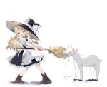  1girl apron bangs blonde_hair blush boots braid broom commentary_request flying_sweatdrops frilled_apron frills furrowed_brow goat hair_ribbon hat hat_ribbon holding holding_broom kirisame_marisa long_hair looking_at_viewer open_mouth ribbon short_sleeves simple_background single_braid solo sorani_(kaeru0768) standing touhou tress_ribbon white_apron white_background witch_hat yellow_eyes 