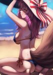  1girl animal_ear_fluff animal_ears beach bikini blue_bikini breasts ears_through_headwear fate/grand_order fate_(series) fox_ears fox_girl fox_tail hat highres large_breasts long_hair orange_eyes pink_hair shinsaku_(stan-art) side-tie_bikini sitting solo sun_hat swimsuit tail tamamo_(fate) tamamo_no_mae_(swimsuit_lancer)_(fate) tamamo_no_mae_(swimsuit_lancer)_(third_ascension)_(fate) wariza white_headwear 