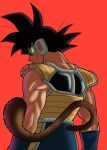  1boy absurdres armor bardock black_hair black_outline blue_armband blue_pants broken_armor brown_fur dragon_ball dragon_ball_super english_commentary from_behind highres iamthetrev light looking_to_the_side male_focus monkey_tail muscular muscular_male outline pants red_background red_wristband saiyan_armor scar scar_on_cheek scar_on_face scouter serious shoulder_armor simple_background solo spiky_hair tail wristband 