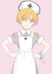  1girl apron closed_mouth dress hat highres ishino_mikoto looking_at_viewer nori_(norimakigumo) nurse nurse_cap orange_eyes orange_hair scrunchie short_hair simple_background smile solo tomica_hyper_rescue_drive_head:_kidou_kyuukyuu_keisatsu white_apron 