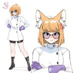  1girl absurdres anger_vein animal_ear_fluff animal_ears bangs bike_shorts black-framed_eyewear black_footwear blonde_hair closed_mouth crossed_arms dexter dexter&#039;s_laboratory english_commentary full_body genderswap genderswap_(mtf) glasses gloves high_heels highres kumaartsu labcoat long_sleeves lower_teeth medium_hair multiple_views purple_gloves simple_background standing swept_bangs teeth upper_teeth white_background 