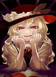  1girl blonde_hair brown_headwear brown_vest collared_shirt commentary_request eyebrows_visible_through_hair eyelashes fedora fork frilled_hat frilled_sleeves frills hands_on_own_face hat hat_feather highres jacket_girl_(dipp) jun_harukawa knife long_hair long_sleeves looking_at_viewer open_mouth red_eyes red_ribbon ribbon shirt table touhou vest white_shirt wide_sleeves 