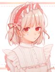  1girl :/ absurdres bangs blurry blush border cherry_blossoms collar collared_dress dress expressionless flower frilled_collar frills gem hair_ornament headband highres looking_to_the_side maid_headdress medium_hair nona_nanoyo original pearl_(gemstone) pink_eyes pink_hair ribbon short_hair solo 