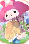  1girl :d absurdres ahoge backpack bag blush boots dress flower from_side grey_hair highres holding holding_umbrella hydrangea long_sleeves looking_at_viewer looking_to_the_side makaino_ririmu my_melody nijisanji onegai_my_melody open_mouth pink_eyes raincoat randoseru rubber_boots smile solo squatting twintails umbrella utsusumi_kio white_dress wide_sleeves 