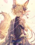  1boy abs animal_ears asymmetrical_clothes belt blonde_hair blurry branch cherry_blossoms depth_of_field flower fox_boy fox_ears fox_tail granblue_fantasy hair_flower hair_ornament hair_over_one_eye highres holding holding_branch kou_(granblue_fantasy) looking_at_viewer male_focus petals shigaraki_(strobe_blue) short_hair simple_background solo tail 