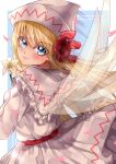  1girl absurdres blonde_hair blue_background blue_eyes blush bow closed_mouth cowboy_shot dress eyebrows_visible_through_hair fairy_wings flower frilled_shirt_collar frills from_behind hair_bow highres holding holding_flower lily_white long_hair looking_at_viewer looking_back maboroshi_mochi petals pointy_hat red_bow simple_background smile solo touhou transparent_wings white_dress white_flower white_headwear wings 