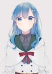  1girl :t bangs belt blue_eyes blue_hair bow bowtie capelet closed_mouth collared_shirt dress furrowed_brow grey_shirt hair_ornament hood hood_down hooded_capelet long_hair long_sleeves looking_at_viewer mahou_sekai_no_uketsukejou_ni_naritai_desu nakawa nanalie_persephone_hel pout red_bow red_bowtie ribbon-trimmed_sleeves ribbon_trim shirt simple_background solo straight-on upper_body white_capelet white_dress 