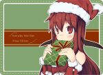  1girl alternate_costume ayase_yuuki_(mikan_mochi) bare_shoulders bat_wings blush border bow box christmas christmas_present commentary_request covering_mouth dot_nose english_text eyebrows_visible_through_hair gift gift_box green_background hair_between_eyes hat head_wings highres holding holding_box koakuma long_hair long_sleeves red_bow red_eyes red_shirt redhead santa_costume santa_hat shirt simple_background touhou upper_body white_border wings 