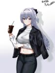  1girl absurdres bangs belt black_belt black_jacket black_pants breasts bronya_zaychik bronya_zaychik_(silverwing:_n-ex) closed_mouth commentary_request cup dated dong_hawn dress eyebrows_visible_through_hair grey_eyes grey_hair hair_between_eyes highres holding holding_cup honkai_(series) honkai_impact_3rd jacket jacket_on_shoulders large_breasts long_hair long_sleeves looking_at_viewer midriff navel open_clothes open_jacket pants shirt solo standing white_shirt 
