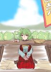  1girl absurdres burijittou cabbage clouds cloudy_sky day eyebrows eyelashes field green_hair highres kazami_yuuka lettuce mountain outdoors red_eyes short_hair sketch sky table touhou 