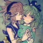  2girls @_@ biting black_eyes blonde_hair blush bracelet commentary dated dress ear_biting earmuffs green_dress green_hair hat holding_hands jewelry long_sleeves maaru_(akira428) medium_hair multiple_girls ofuda ofuda_on_clothes one-hour_drawing_challenge shirt shoulder_grab sleeveless sleeveless_shirt soga_no_tojiko tate_eboshi touhou toyosatomimi_no_miko yellow_eyes yuri 