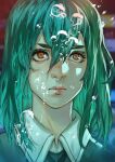  1girl absurdres air_bubble blurry blurry_background bright_pupils bubble causs closed_mouth eyelashes eyeshadow green_eyeshadow green_hair hair_between_eyes highres long_eyelashes long_hair makeup medium_hair orange_eyes original pink_lips solo upper_body white_pupils 