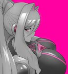  1girl android bangs breasts closed_mouth commentary eratoeir_(mega_man_x_dive) eyebrows_visible_through_hair from_side greyscale hair_ornament large_breasts lips long_hair looking_at_viewer mega_man_(series) mega_man_x_(series) mega_man_x_dive miolnel monochrome neon_trim purple_background robot_ears shiny shiny_hair simple_background smile solo upper_body 