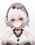  1girl appleseed_(appleseed_art) bangs blush closed_mouth eyebrows_visible_through_hair grey_hair hair_between_eyes hair_ornament looking_at_viewer mismatched_pupils original portrait red_eyes shirt short_hair simple_background smile solo white_background white_shirt 