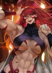  1girl abs adjusting_hair arm_up armpits artist_name bangs bare_shoulders biceps black_shirt breast_tattoo breasts collarbone covered_collarbone english_commentary facial_mark fuuma_kotarou_(tenkaichi) highres large_breasts long_hair looking_at_viewer magion02 messy_hair muscular muscular_female navel open_mouth patreon_username red_eyes redhead rope shirt signature solo tattoo teeth tenkaichi_nihon_saikyou_bugeisha_ketteisen turtleneck under_boob upper_body upper_teeth wristband 