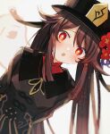  1girl :o black_headwear blush brown_hair chinese_clothes flower genshin_impact ghost hat hat_flower highres hu_tao_(genshin_impact) long_hair open_mouth red_eyes red_flower simple_background solo star-shaped_pupils star_(symbol) symbol-shaped_pupils tnri_0404 top_hat twintails very_long_hair white_background 