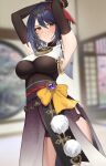  1girl armpits arms_up black_gloves blush breasts elbow_gloves genshin_impact gloves gya_(144) hair_ornament highres indoors japanese_clothes jewelry kimono kujou_sara large_breasts looking_at_viewer purple_hair restrained short_hair side_slit yellow_eyes 