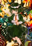  1girl abstract_background bangs black_capelet black_eyes black_footwear black_hair black_headwear black_skirt bow capelet expressionless fedora hat hat_ribbon hito_(nito563) long_sleeves necktie red_necktie ribbon shoes short_hair skirt solo touhou usami_renko white_bow white_ribbon 