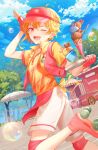  1boy 723/nanahumi ;d apple apron arm_up bangs blonde_hair blue_sky blush bubble chair clouds cloudy_sky collared_shirt commentary_request day double_scoop ensemble_stars! eyebrows_visible_through_hair food fruit hair_between_eyes heart holding holding_tray ice_cream knee_pads male_focus nito_nazuna one_eye_closed open_clothes open_vest outdoors parasol pink_headwear red_apple red_eyes red_vest roller_coaster shirt short_sleeves shorts sky smile solo standing standing_on_one_leg table tray tree triple_scoop umbrella vest visor_cap waist_apron white_shorts yellow_shirt 