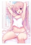  1girl absurdres armpits arms_up blurry blurry_background breasts collarbone fujisaki_hikari highres indoors long_hair navel on_bed one_eye_closed open_mouth original panties pink_hair scan sitting small_breasts solo teeth underwear underwear_only very_long_hair violet_eyes white_panties window yawning 