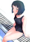  1girl absurdres bangs black_eyes black_hair black_swimsuit blunt_bangs blunt_ends bob_cut closed_mouth commentary frown girls_und_panzer highres looking_at_viewer nishihara_yasoko old_school_swimsuit one-piece_swimsuit oze_(xyz_go_go11) pool school_swimsuit short_hair sitting soaking_feet solo swimsuit wet wet_hair white_background 