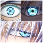  blue_eyes collage eye_focus gojou_satoru jujutsu_kaisen k_juju_illust white_hair 